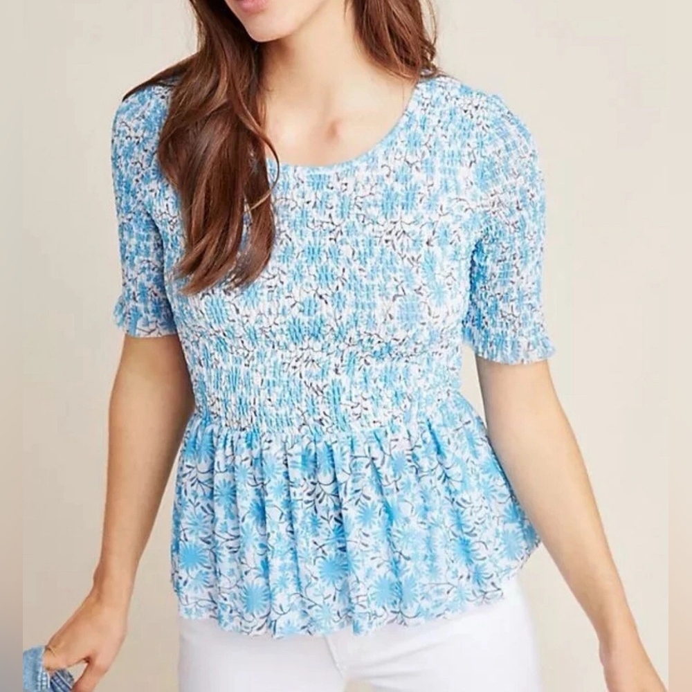 Maeve Anthropologie - Blue Floral Print Ashton Smocked Peplum Short Sleeve Top